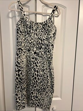 Calvin Klein Black and White Leopard-Print Spaghetti Strap Mini Dress